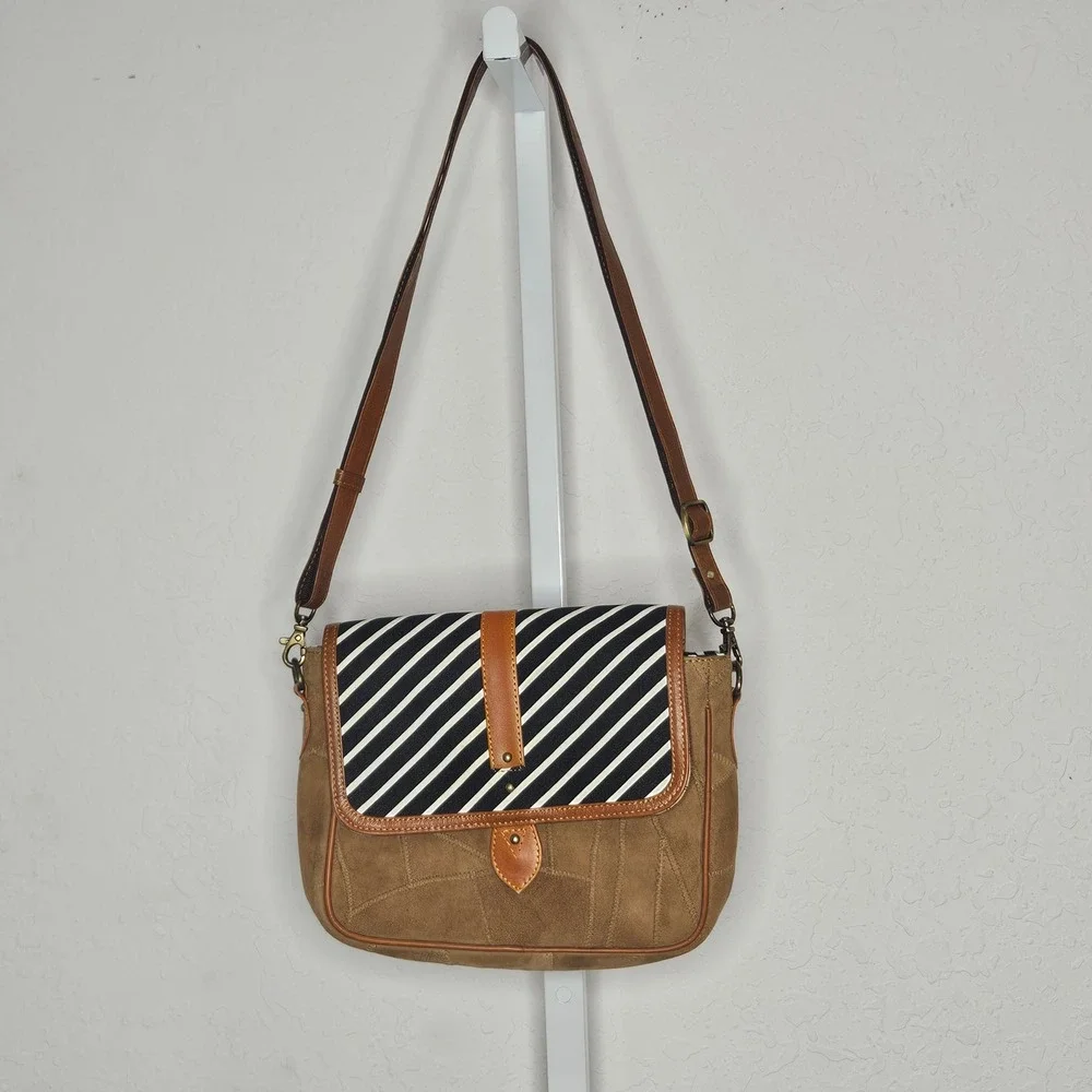 Vaan & Co Suede Leather Crossbody Bag Brown Patchwork Striped Flap‎ Adjustable